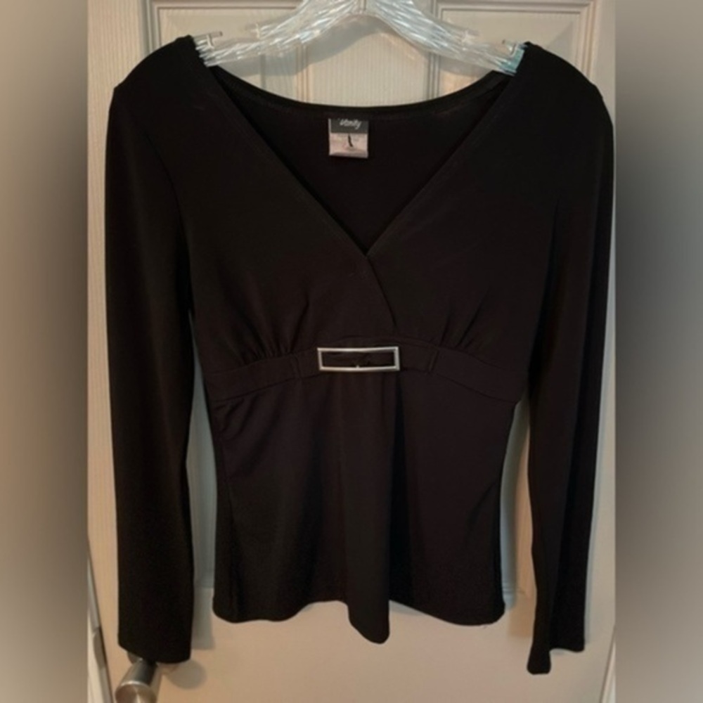 Vanity vintage fitted empire waist top with silver buckle-like embellishment.​